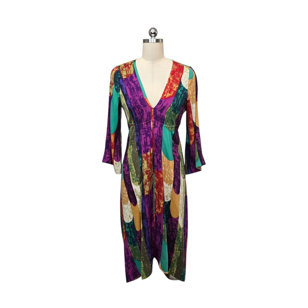 Nicole Miller Collection Silk Abstract Print V-Neck Bell Sleeve Dress Size Small